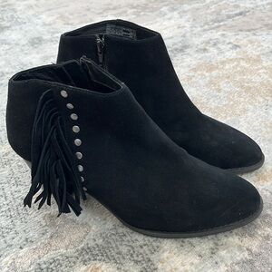 VIONIC Black Suede Upright Faros Fringe Ankle Boot Side Zip Silver Tone Studs